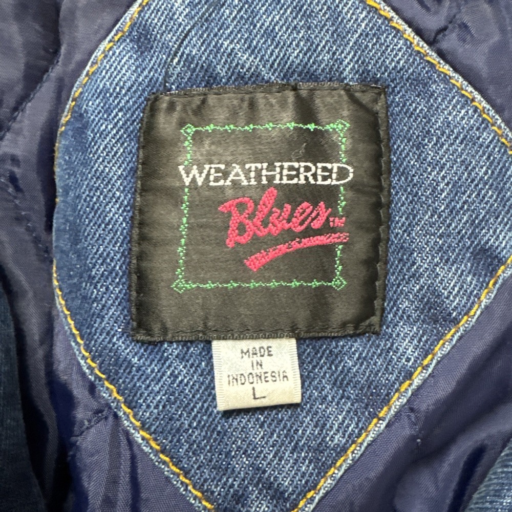 Vintage 80's 90's Women's Large Denim Bomber Jacket Patchwork Geometric Retro - Picture 2 of 9